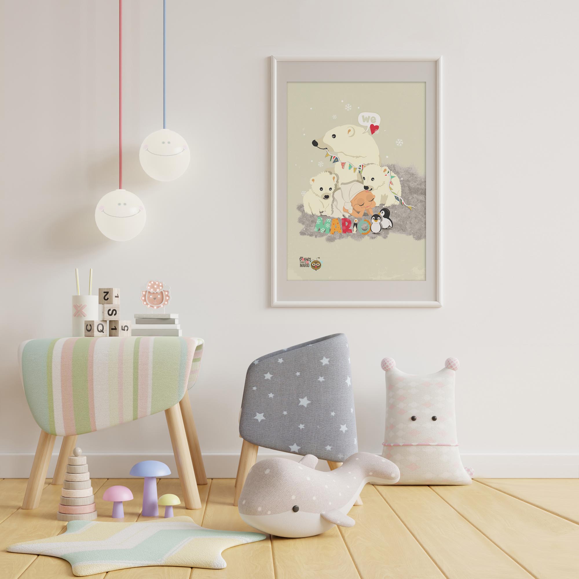 Mock up poster frame in children room,kids room,nursery mockup,White wall,3d rendering